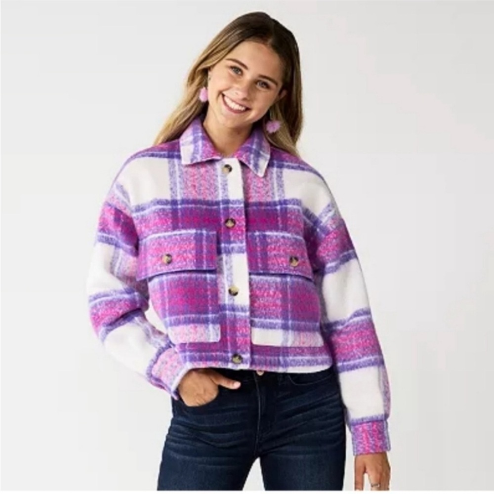 So Purple Multi Plaid Cropped Fuzzy Flannel Shacket Junior Size Large NWT